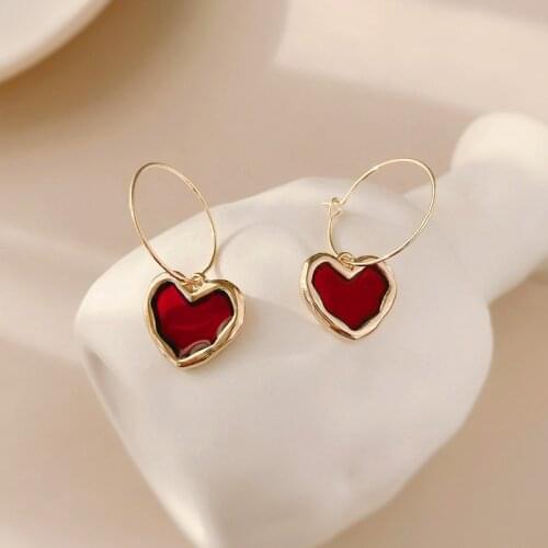 TIMEONLY Romantic Burgundy Enamel Love Heart Drop Earring for Women Girls Gold Color Hooks Heart Statement Dangle Earrings Gifts