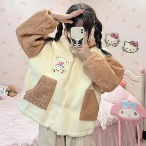 QWEEK Kawaii Bear Ears Hoodie for Teens Autumn Winter Korean Style 2021 Long Sleeve Warm Cute Tops Patchwork Button Up Clothes