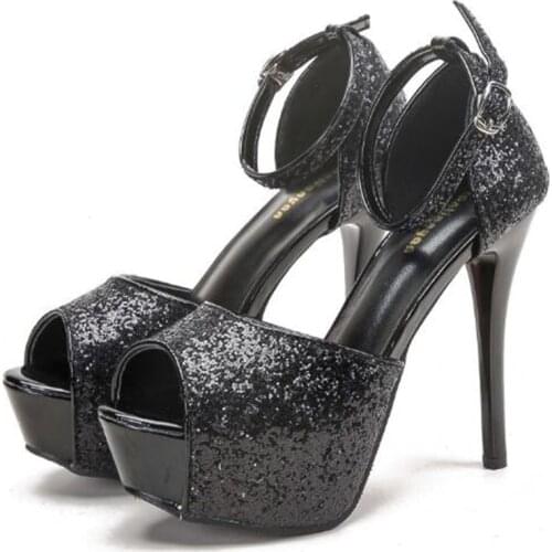 Sexy Women Pumps Ladies Wedding Shoes 13CM Thin High heels Sequined Cloth Buckle Peep Toe waterproof Rhinestone women shoes