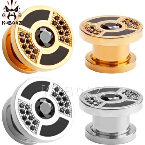 2018 Kubooz piercing stainless steel screw back ear tunnels black crystal plugs earrings ear gauges wholesale body jewelry