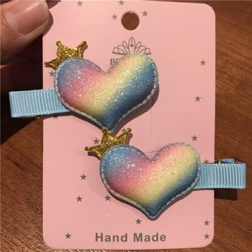 2Pcs/Set Hair Clip Rainbow Heart Shaped Pink Glitter Fabric Metal Barrette Headwear Women Accessories Trinket For Girl Baby Gift