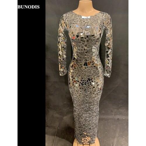 ZD454 Women Sexy Black Net Yarn Long Skirt Full Small Silver Sparkle Mirrors Nightclub Party Stage Wear Bling Costumes