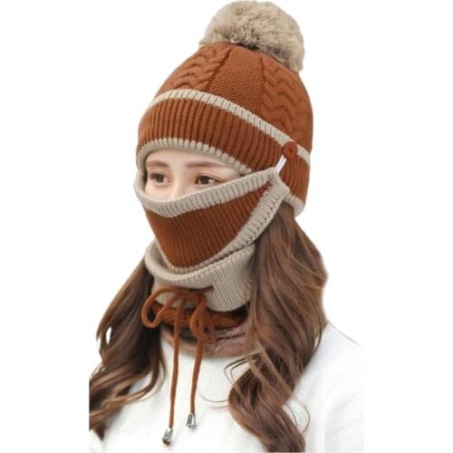 Women Winter 3 In 1 Plush Lined Knit Pompom Beanie Hat Scarf Face Cover Mask Set
