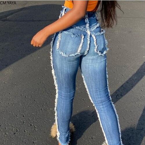 Tassel Splicing Denim Pants Women Fashion High Waist Washed Pencil Jeans Ripped Trousers Street Skinny High Waist Lady Pants