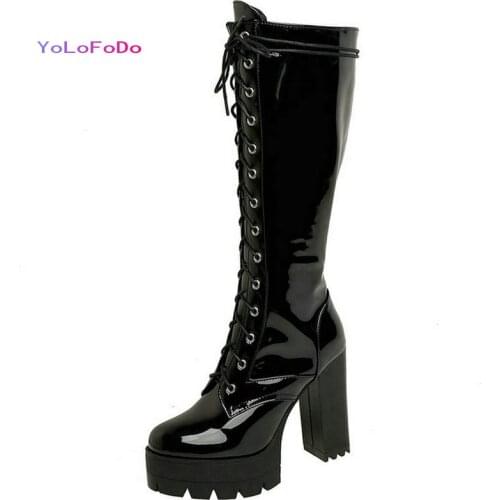 Platform Square High Heel Women Knee High Boots Patent PU Leather Cross Tied Ladies Calf Boots Autumn Winter Womans Boots Black