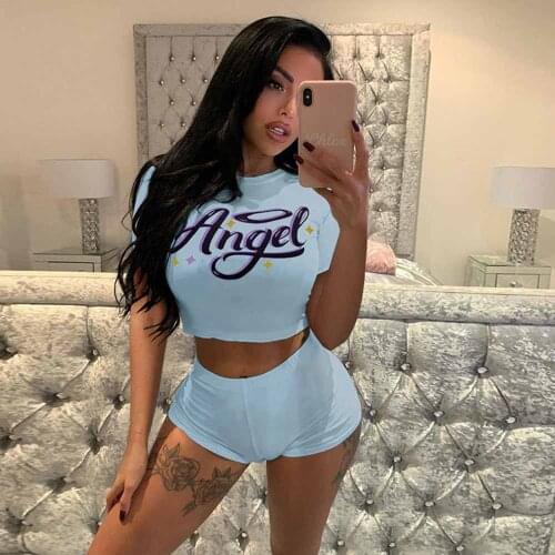 Lovely Angel Letter Print 2 Piece Sets Sexy Short Sleeve Cropped T-shirts and Shorts Sets Two Piece Set Female Beach Outfit New