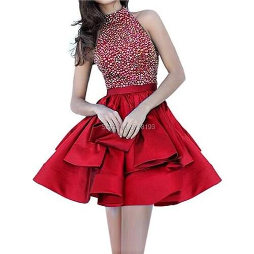 N 354 red Fashion high-neck natural A-line knee-length matte satin short homecoming dresses/formal gowns beaded free shipping