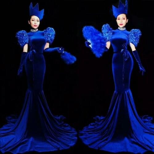 Fashion Blue Dress Women Sexy Long Train Birthday Dress Stage Costume Prom Evening Celebrate Performance Tail Dresses Outfits