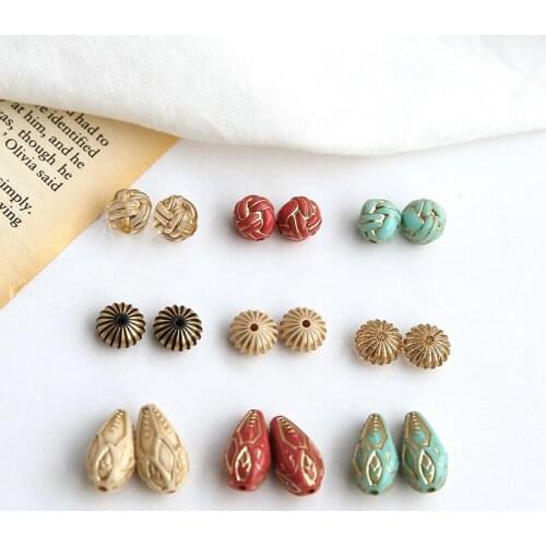 10pcs Vintage Colorful Earrings For Women Striped Pumpkin Water Drop Beads Tracing Gold Antique Beads Diy Jewelry Accessories