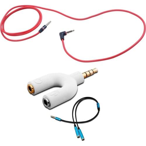 3.5mm 1/8 Inch Male to Male 4 Pole Car AUX Audio Cord Cable Record Headphone RED with U Shape 3.5mm Y Splitter