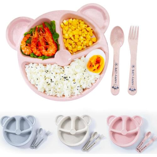 3Pcs/Set Baby bowl+spoon+fork Feeding Food Tableware Cartoon Bear Kids Dishes Eating Dinnerware Anti-hot Training Dinner Plate