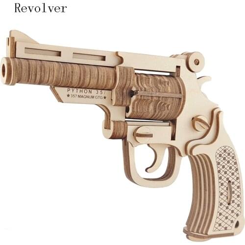 3D Wooden Puzzle Revolver Rubber Band Guns DIY Handmade Assembly Gun Educational Toys For Children Boys Teens Outdoors Game Gift