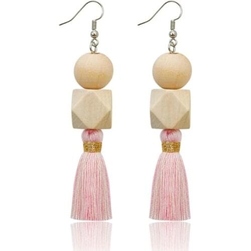Bohemian Wood Tassel Hook Earrrings Natural Wooden Beaded Drop Earrings Summer Women Dangle Earrings Fashion Jewelry