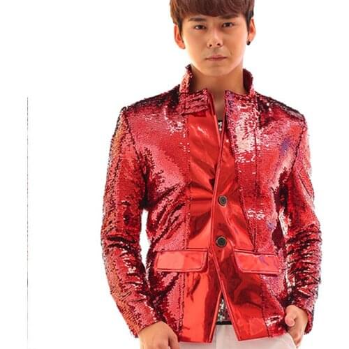 Jazz Dance Costumes Red Sequin Stand Collar Long Sleeve Slim Jacket Birthday Party Dancing Wear Male Street Show Clothing DT793