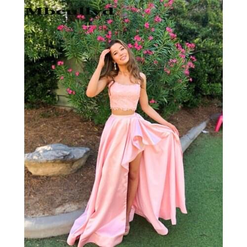 Mbcullyd Gorgeous Pink Prom Dresses Long Elegant Lace Appliques 2020 Scoop Neck Two Pieces Evening Dress Formal Gown Plus Size