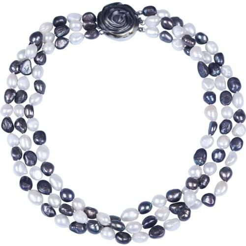 Fashion 3 layers white & black cultured freshwater pearl necklace shell flower clasp beads Jewelry handmade choker necklace