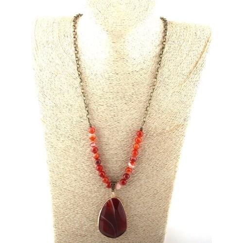 Fashion Bohemian Jewelry 8mm Stripe Natural Stone /Chain Facet Drop Stone Pendant Necklaces For Women Ethnic Necklace