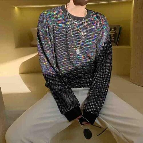 Mens bright face reflective backing trend personality Korean t-sleeve T-shirt retro shirt mens sequined sweater fashion