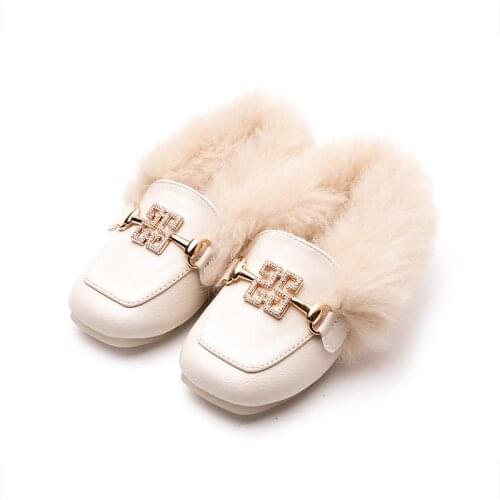 New girls boys soft loafer winter warm fur shoes slip on comfort princess school home party children shoe flats white black