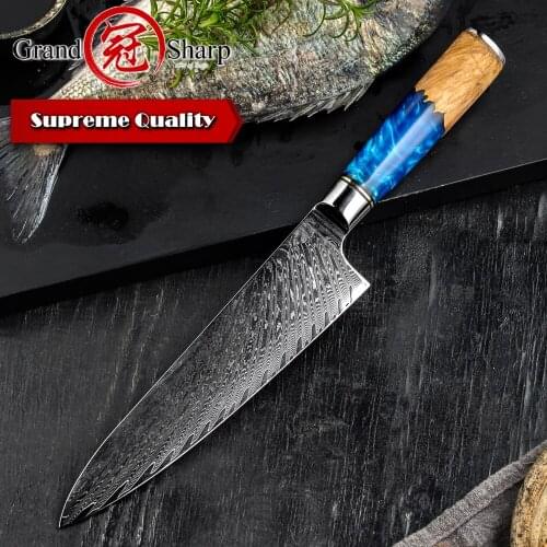 GRANDSHARP Kitchen Knives Damascus Steel 67 Layers VG10 Japanese Chef Knife Blue Resin Color Wood Handle Premium Cooking Tools
