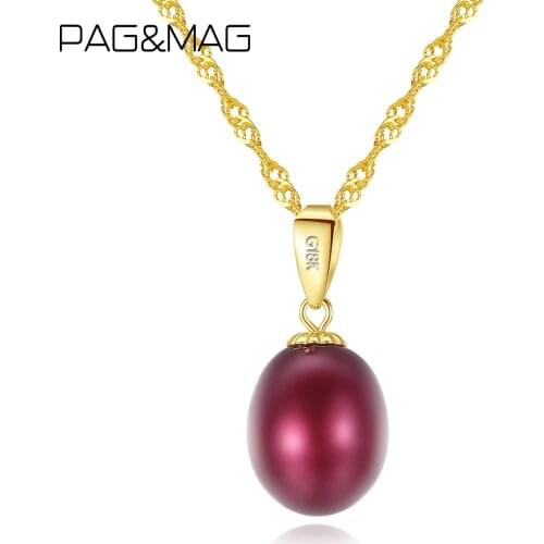 PAG&MAG Genuine 18k Gold With Red Natural Freashwater Pearls Pendant & Necklace For Women Statement Engagement S925 Fine Jewelry