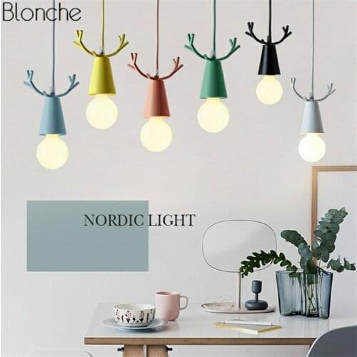 Nordic Deer Pendant Lights Christmas Antlers E27 Led Hanging Lamp for Childrens Room Bedroom Kitchen Home Light Fixtures Decor