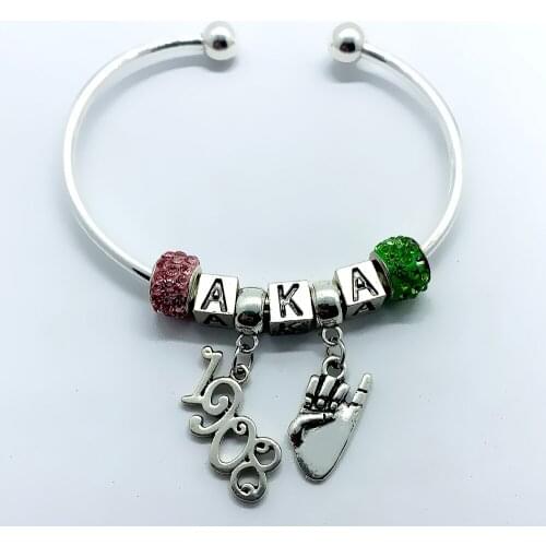 Hot popular pink Greek letter sorority ALPHA 1908 metal pendant big hole beads open bracelet