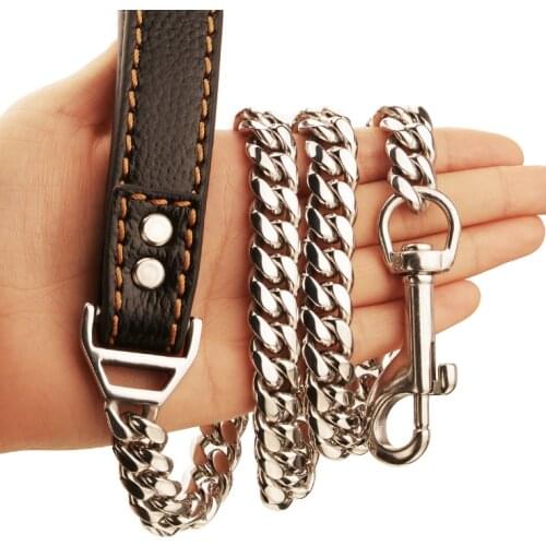 Dog Leash Pet Lead Stainless Steel 14mm Gold Dog Chain Collar Lead Pet Leather for Small Large Dogs Pitbull Bulldog Collar Leash