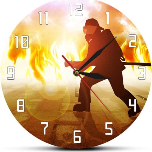 Firefighter Fighting A Fire Custom Clock Duty Calls Firemen In Flames Personalised Text Modern Wall Clock Fire Dept Office Decor