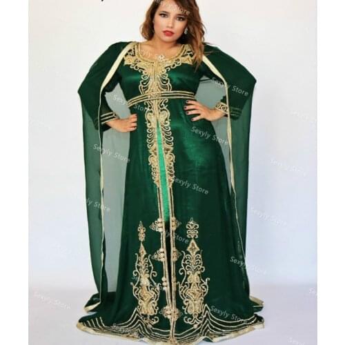 Luxury Green Dubai Prom Dresses With Caped Ancient Original Kaftan Abaya Evening Dress With Beaded Long Sleeve Formal Party Gown
