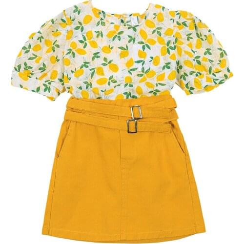 2021 Baby Girls Summer Lemon Printed Tops Shirts+Skirts Clothing ,kids Cotton Elegant Birthday Wear Children Clothes Sets