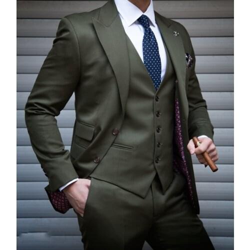 3 Pieces Tailor Made Dark Green Men Suit Slim 2021 Fit Peak Lapel Two Button Groom Tuxedos Groom Wear Formal Business Terno