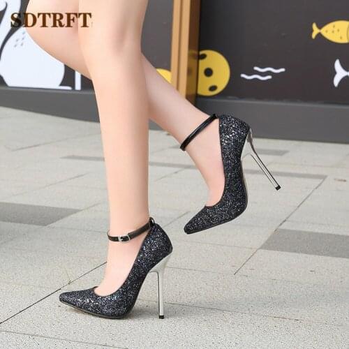 SDTRFT Luxurious Sequins RED shoes woman Pointed Toe Gladiator Pumps 13cm Ultra high thin heel Buckle Nightclub Girls Stilettos