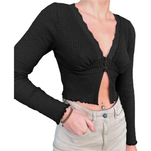 Women Sexy Long Sleeve Deep V Neck Knit Blouse Split Hem Ribbed Front Buttons Crop Top Solid Color Tight Knitwear T Shirts Tops