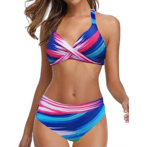 Sexy Two Piece Bikini Hight Waist Swimsuit Women Push Up High Cut multi-color Printed Tank Halter Bikini Set Women Swimwear