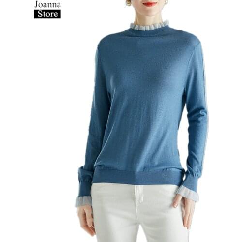 Spring New Mesh Splicing Wool Knitted Sweater Women O-Neck Trumpet Sleeve Slim Elegant Tops Black Wild Plus Size Clothes Female