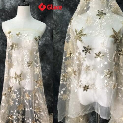 1Yard Star Heavy Industry Embroidery Sequins Embroidered Fabric Apricot Gold Five-Pointed Star Costume Performance G1336