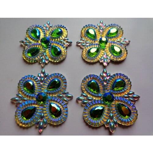 10pcs New fashion style deep green/clear AB colour sew on rhinestones flatback flower shape 49*49mm 2 holes crystal gem stones