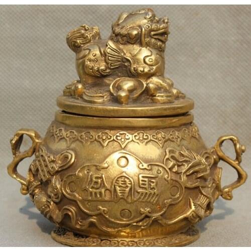 5" Marked Chinese Brass Lion Beast Wealth Treasure Bowl Incense Burner Censer S0705
