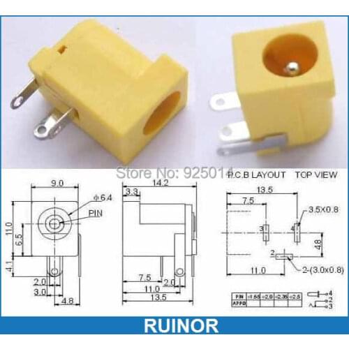 500 PCS Yellow 5.5mm x 2.0mm Power Charger Jack PORT PCB 2.1mm DC Socket DC-005