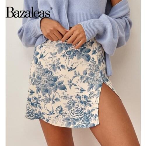 Bazaleas Summer 2021 Big Blue Floral Print Women A Line Skirts Streetwear High Waist Chiffon Harajuku Back Zipper Mini Skirt