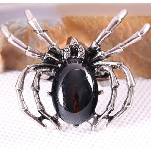 Spider Brooch Natural Stone Black Onyx CAB Cabochon Bead Pendant for Men Women DIY Jewelry Making 1Pcs K705
