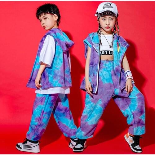 2021 Hip Hop Kids Dance Costume Trendy Tie Dye Hooded Vest Hip-Hop Pants Girls Performance Clothes Boys Street Dancewear BL6566