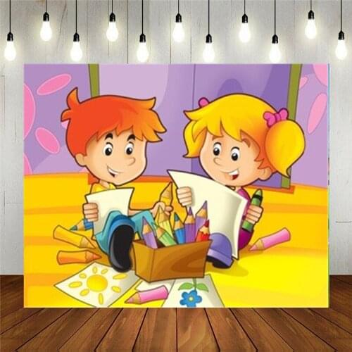 Photo Studio Props Vinyl Photography Backdrop Cartoon Boy And Girl Painting Kids Birthday Party Decoration Customizable Text