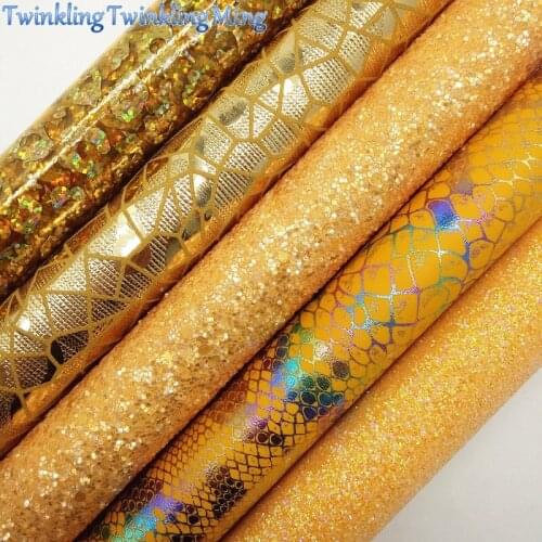 YELLOW Glitter Fabric, Transparent PVC with Printed Leopard, Snake Faux Fabric Sheets For Bow A4 21x29CM Twinkling Ming XM015C