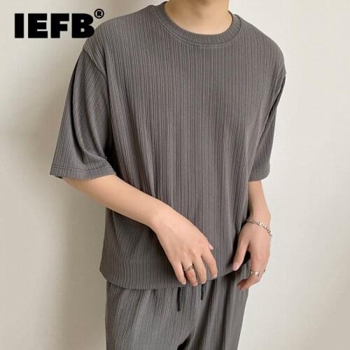 IEFB Mens Solid Stripe T-shirt Short Sleeve Clothing Black Grey O-neck Causal Loose Tee Tops For Male Korean Tide Summer New