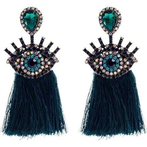 Hot Colorful Antique Bronze Plated Evil Eye Long Cotton Trip Tassel Pendant Drop Earrings for Women Fashion Jewelry