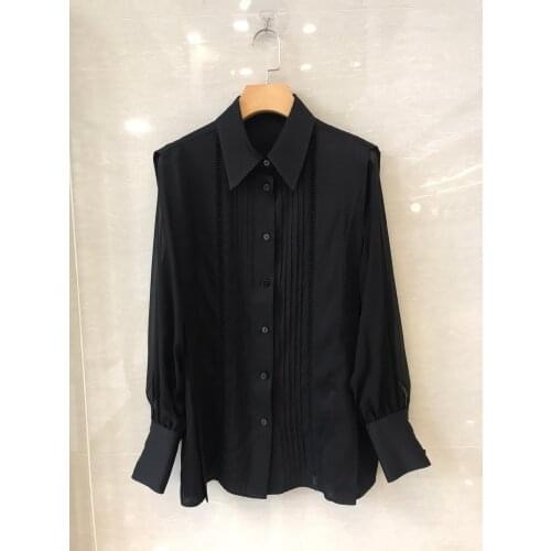 New ladies fashion 2021 long-sleeved sexy casual solid color lace striped pleated double Joe silk stitching shirt 1214