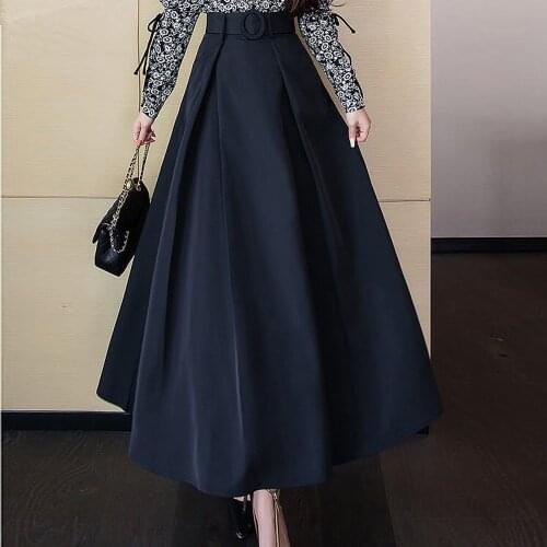 FairyShely 2021 Women New Folds High Waist Skirt Spring Autumn Elastic Skirt Black Office Lady A-line Belt Long Skirt