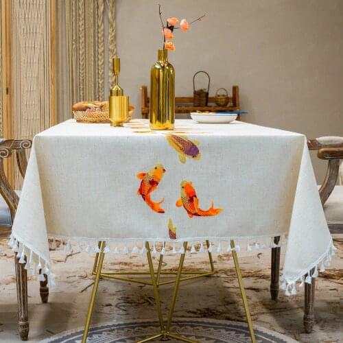 Rectangle Table Cloth Linen Cotton Large Home Dinner Tablecloth Tassel Goldfish Embroidery Decoration Desk Cloth Drop Shipping